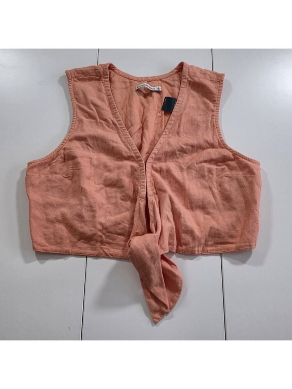 Abercrombie & Fitch Cropped Top Womens L Coral Tie Front Linen Blend Sleeveless - Picture 8 of 16